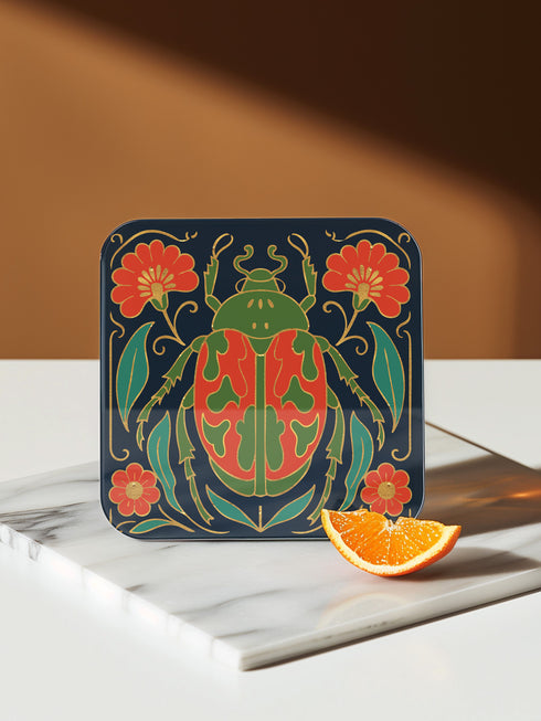 Set of 4 square Dark Academia Scarab Beetle Coasters, featuring detailed Gothic Botanical insect art prints in deep jewel tones. The hardboard coasters have a glossy finish and protective cork base. Premium Entomology Decor.